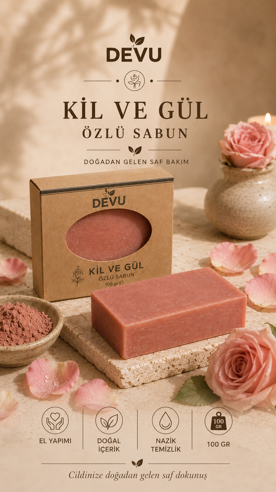 Kil ve Gül Özlü El Yapımı Doğal Sabun